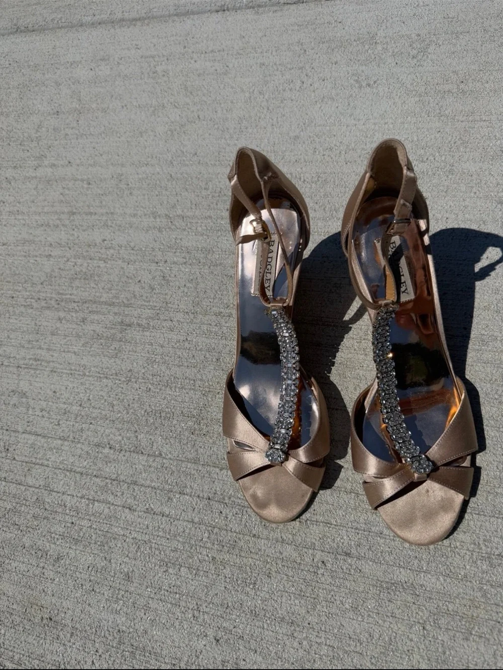 Badgley Mischka Rose Gold Satin T-Strap Crystal Embellished Heels